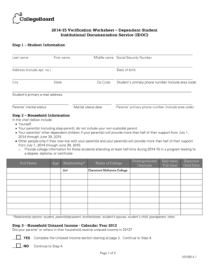 2014-15 Verification Worksheet – Dependent Student