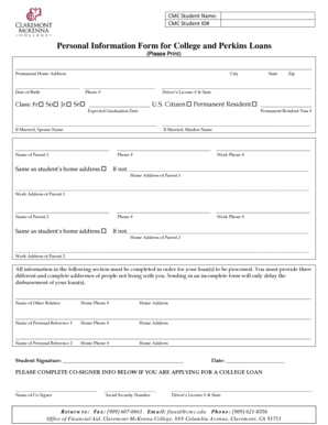 Personal Information Form for College and Perkins Loans