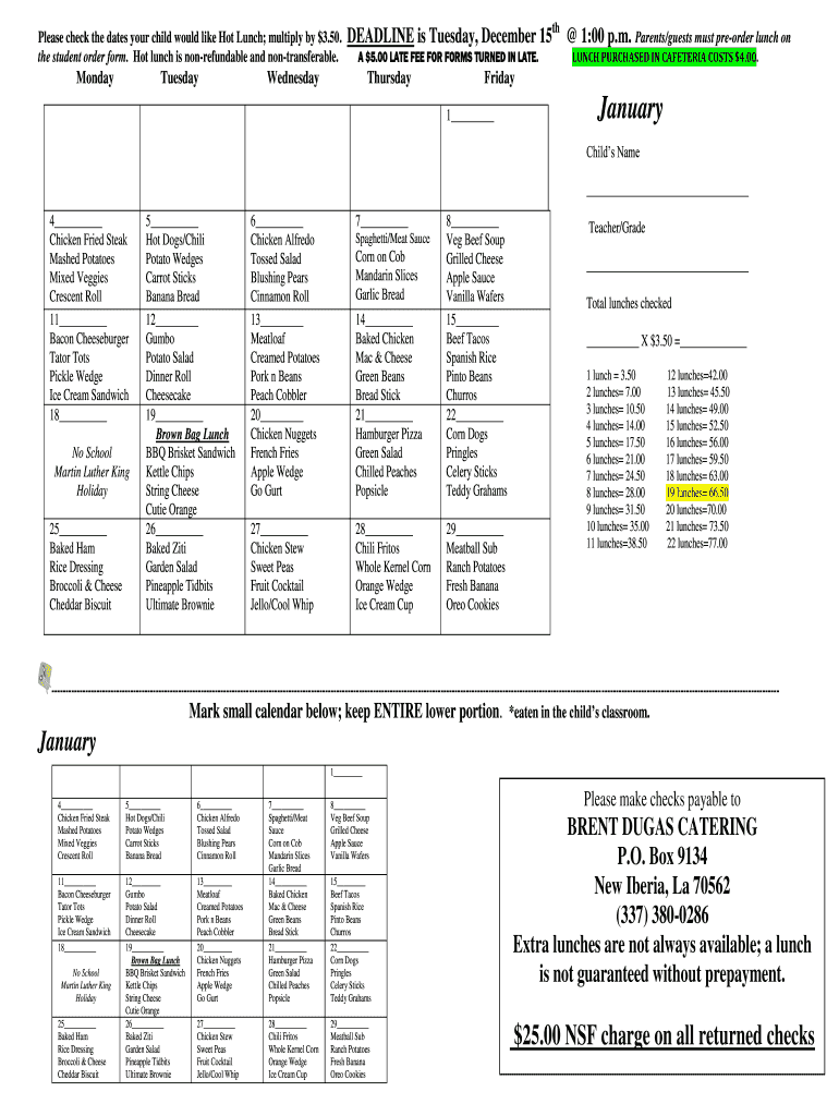 Fillable Online hbcsni Hot lunch is nonrefundable and nontransferable