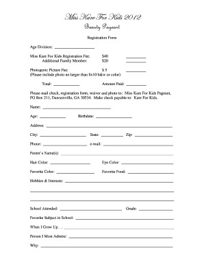 Cleaning evaluation form - Miss Kare For Kids 2012 Beauty Pageant Registration Form Age Division: Miss Kare For Kids Registration Fee: Additional Family Member: $40 $20 Photogenic Picture Fee: $5 (Please include photo no larger than 8x10 b&amp