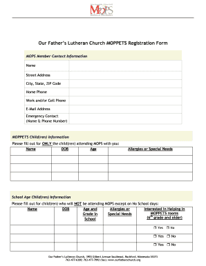 Our Fathers Lutheran Church MOPPETS Registration Form - ourfatherschurch