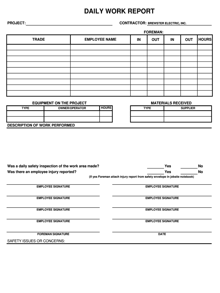 Fillable Online DAILY WORK REPORT - Brewster Electric Inc Fax Email ...