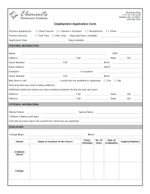 Employment Application Form - Elements Montessori Academy