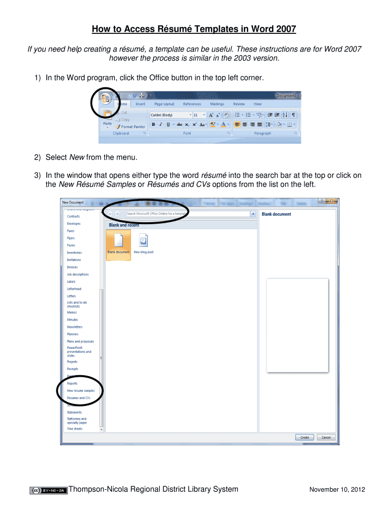 Fillable Online How to Access Rsum Templates in Word 2007 Fax Email Print pdfFiller