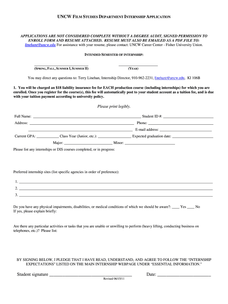 Fillable Online uncwweb uncw UNCW FILM STUDIES DEPARTMENT INTERNSHIP