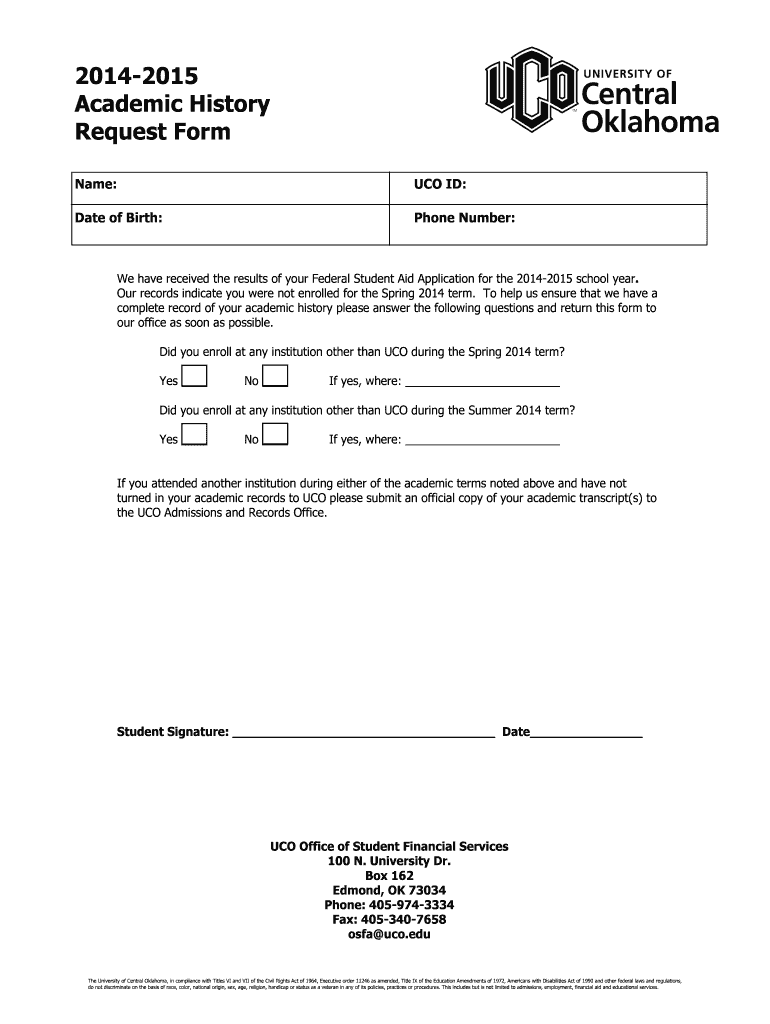 Fillable Online uco Academic History Fax Email Print pdfFiller