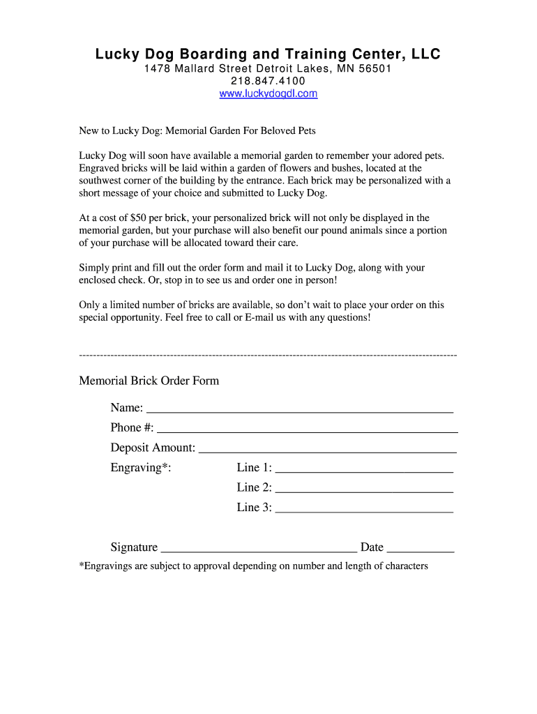 Fillable Online Lucky Dog Boarding and Training Center, LLC Fax Email