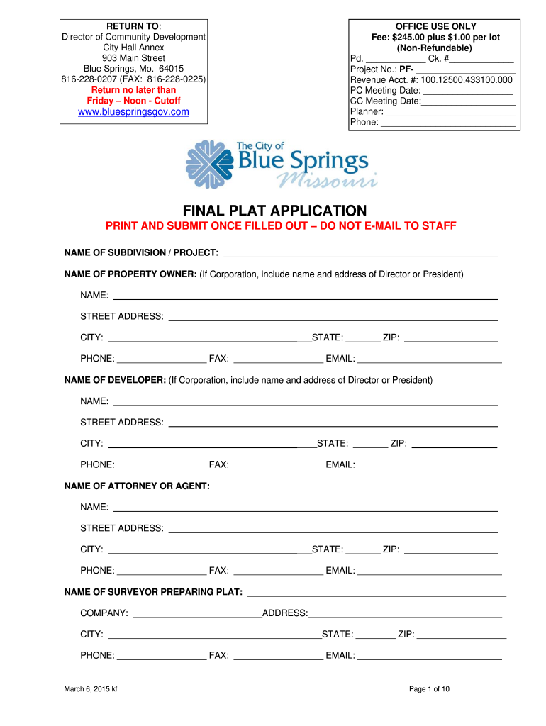 missouri final plat application Preview on Page 1