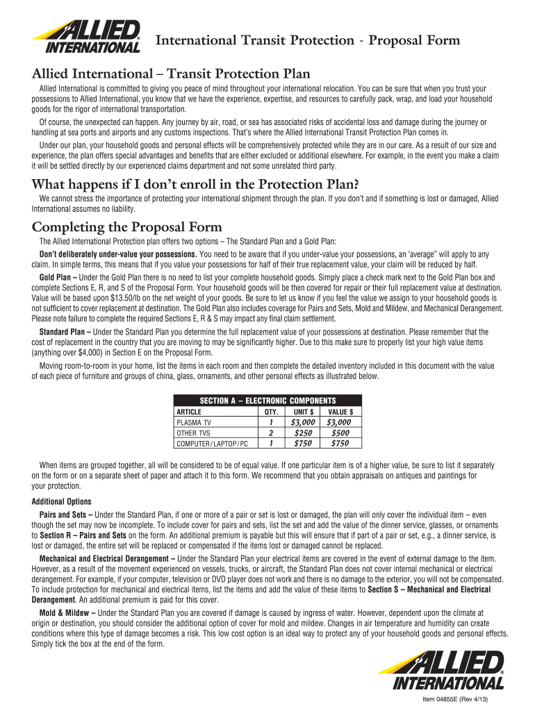 International Transit Protection - Proposal Form Allied ... Preview on Page 1.