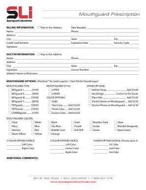 Sportsguard Laboratories Work Order Form Complete. Custom Made Mouthguards