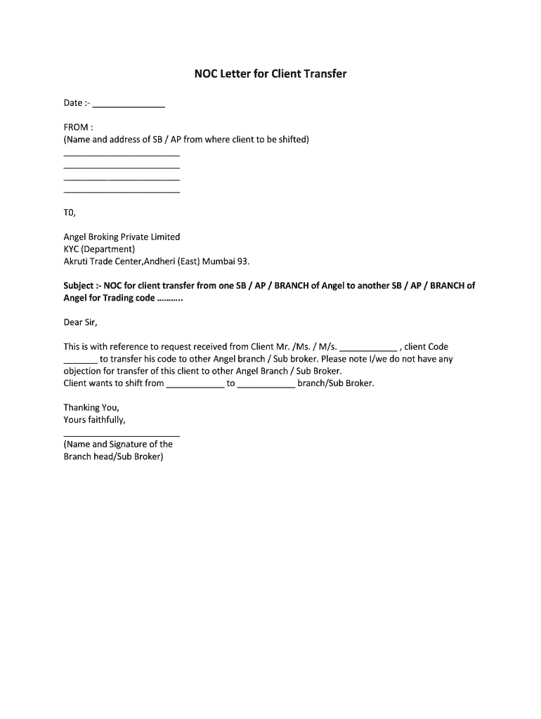 Fillable Online NOC Letter for Client Transfer - Swastik Investments ...