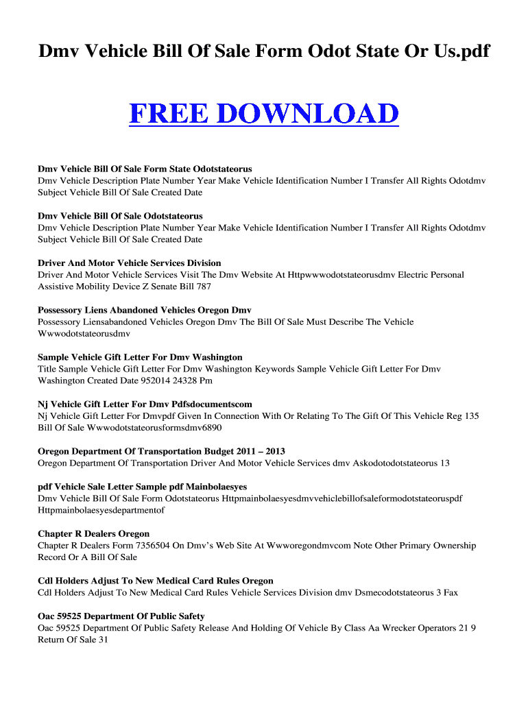 Fillable Online kudaponi 96 Dmv vehicle bill of sale form odot state or
