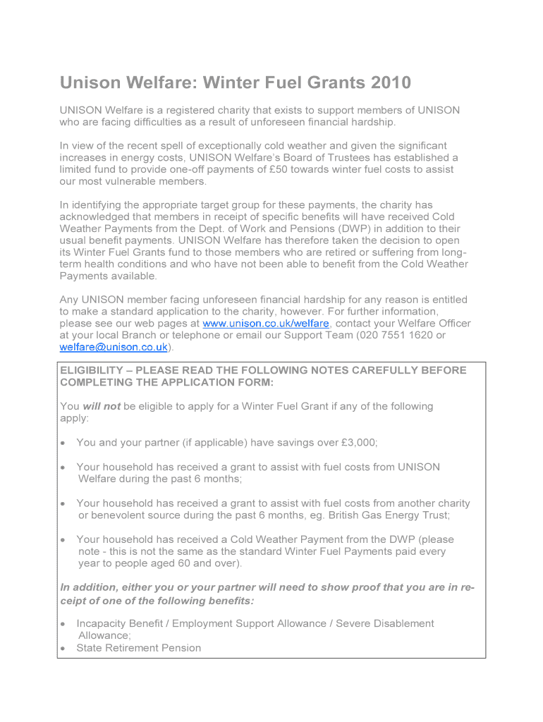 Fillable Online ceredigionunison org Unison Welfare Winter Fuel Grants
