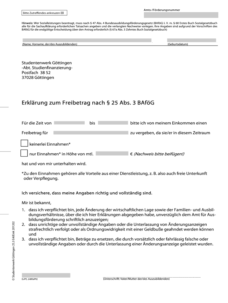 Fillable Online Erklrung Zum Freibetrag Nach 25 Abs 3 BAfG Fax Email fillable-online-erklrung-zum-freibetrag-nach-25-abs-3-bafg-fax-email