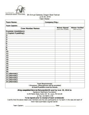 9th Annual Gateway Dragon Boat Festival June 25, 2016 Team Roster Team Name: Company/Org