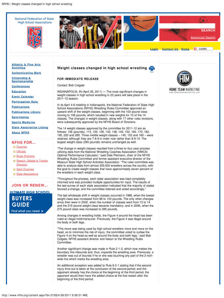 Fillable Online NFHS Weight classes changed in high school wrestling