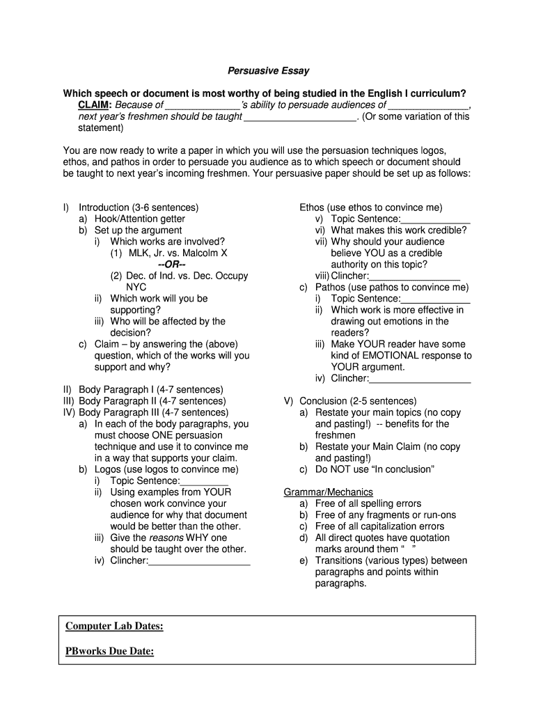 Fillable Online Persuasive Essay Handout - PBworks Fax Email Print ...