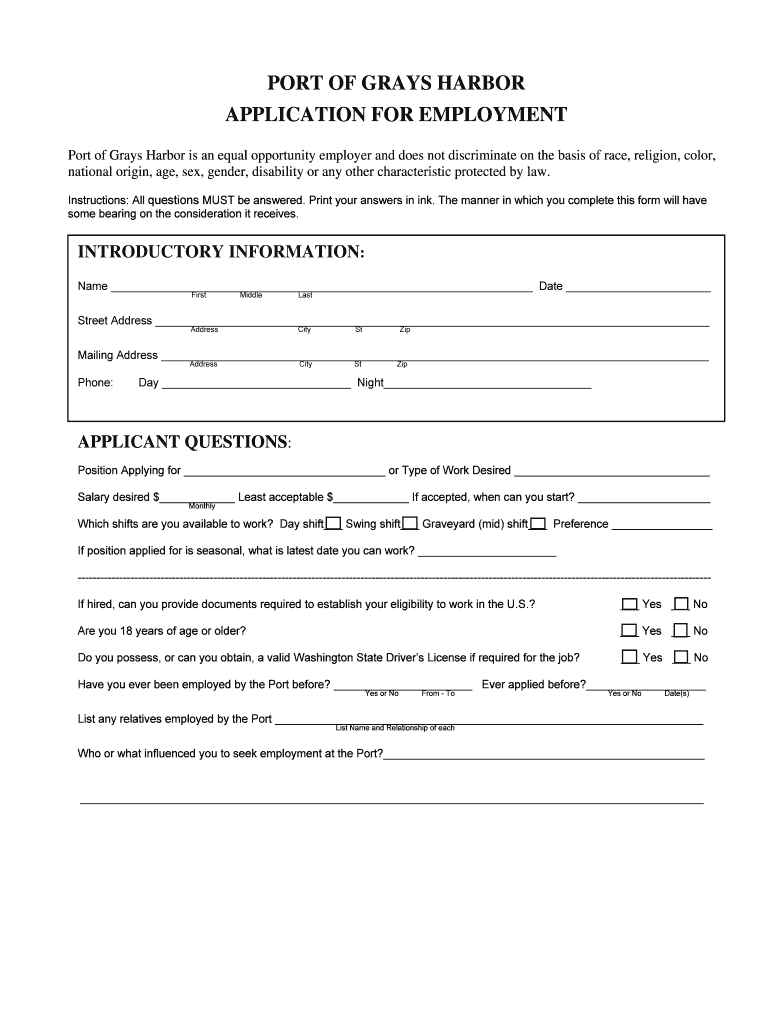 Fillable Online Employment Application Port of Grays Harbor Fax Email