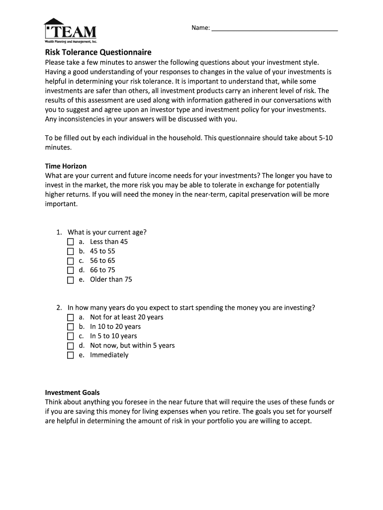 Fillable Online Risk Tolerance Questionnaire Team Wealth Investments