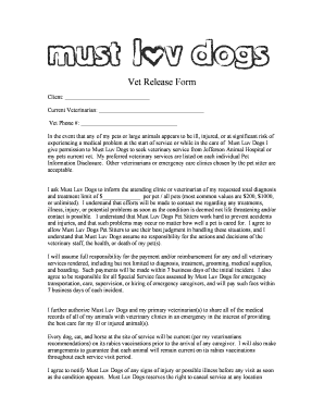 Fillable Online mustluvdogs Vet Release Form - Must Luv Dogs Pet ...