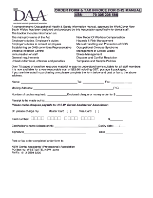 Voicemail log template - ORDER FORM & TAX INVOICE FOR OHS MANUAL ABN 79 305 206 586 - nswdaa asn