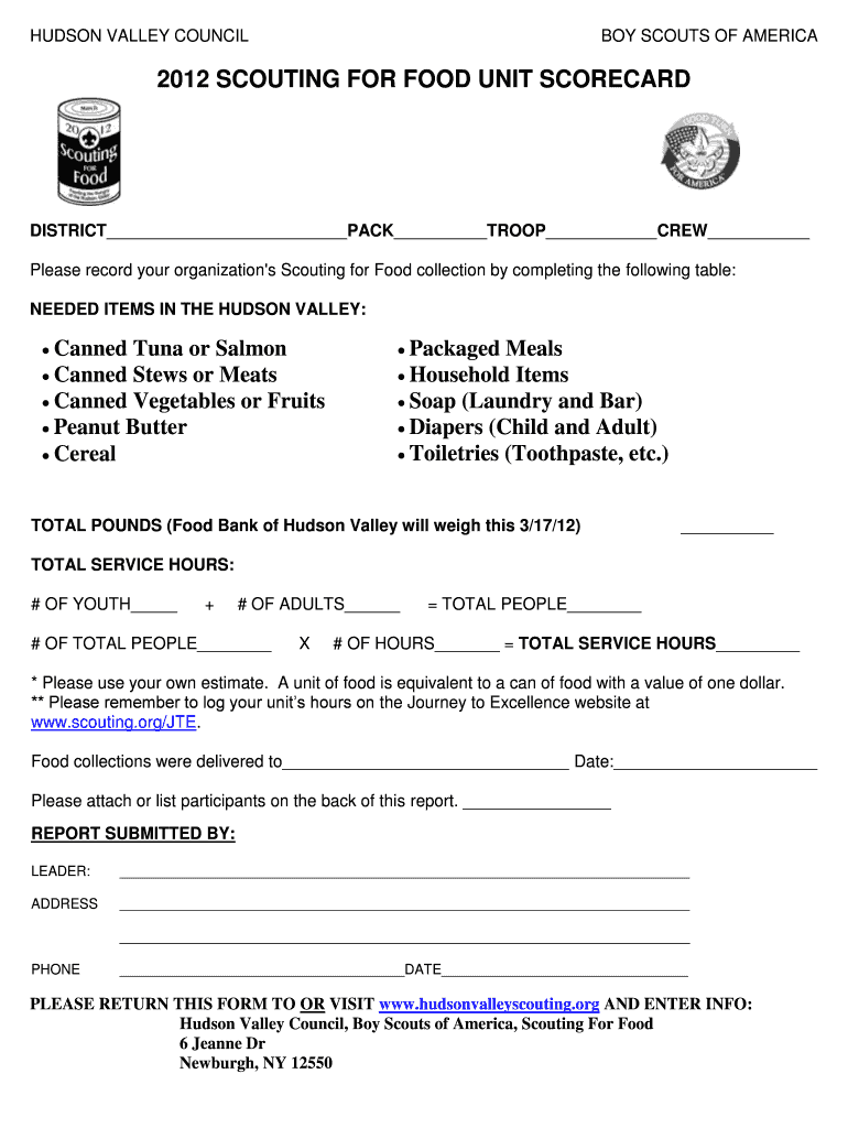 Fillable Online hudsonvalleyscouting 2012 scouting for food unit ...