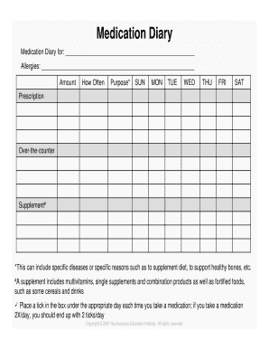Fillable Online Medication Diary for: Fax Email Print - pdfFiller