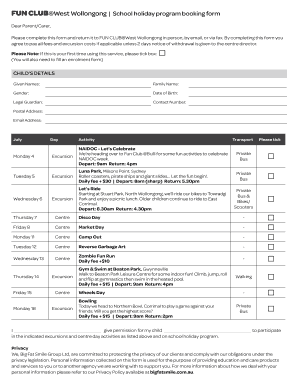 FUN CLUB West Wollongong School holiday program booking form