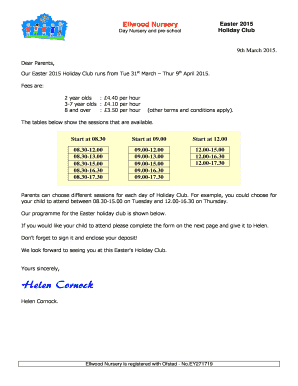 Holiday booking form - Booking Form - 2015 Easter Holiday Club - Ellwood Nursery - ellwoodnursery co