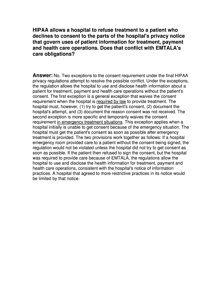 Fillable Online HIPAA allows a hospital to refuse treatment to a