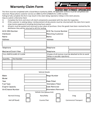 Fillable Online Warranty Claim Form - Australian Clutch Services Fax ...