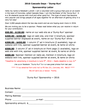 Sponsorship letter - 2016 Cascade Days - 'Dump Run ' Sponsorship Letter $50.00 ...