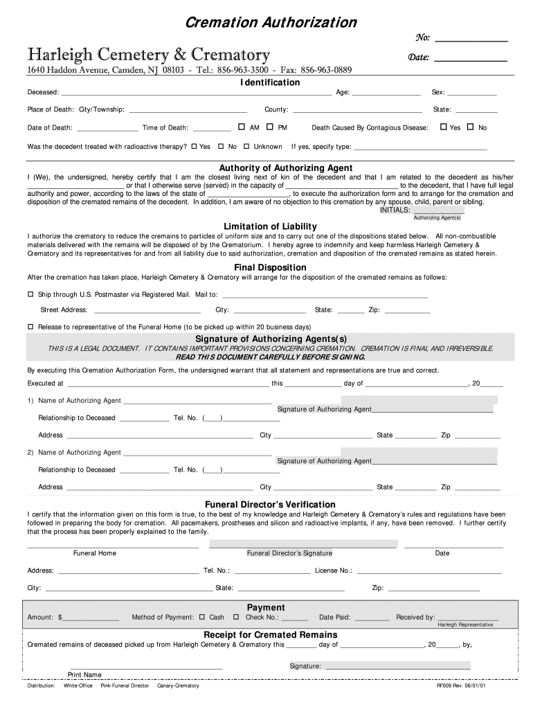 new jersey cremation authorization form Preview on Page 1