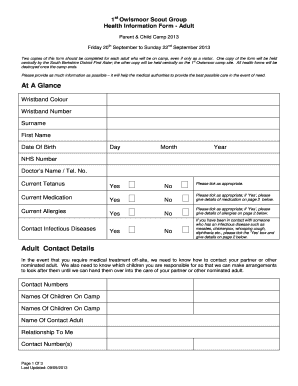 Health Form. Parent & Child Camp - Adult - 1stowlsmoorscouts