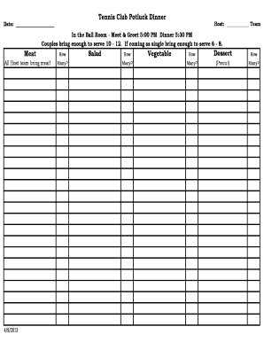 Potluck sign up sheet - Tennis Club Potluck Dinner Date: Host: Team - towerpointtennis