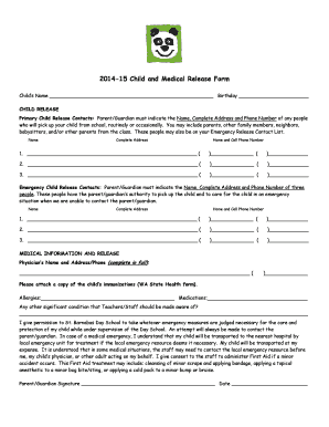 Inventory note format - 2014-15 Child and Medical Release Form