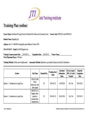 Employee training form template - Training Plan (online) Course Name: Certificate III Aged Care &amp - jti edu