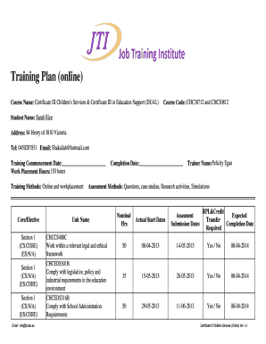 Training Plan (online) Course Name: Certificate III Children 's Services &amp - jti edu