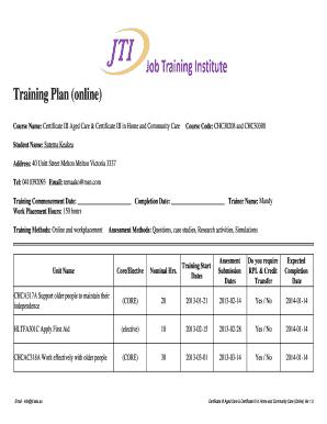 Training form for employees - Training Plan (online) Course Name: Certificate III Aged Care &amp - jti edu