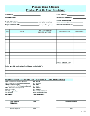 Product Pick Up Form - Pioneer Wine Company Colorado