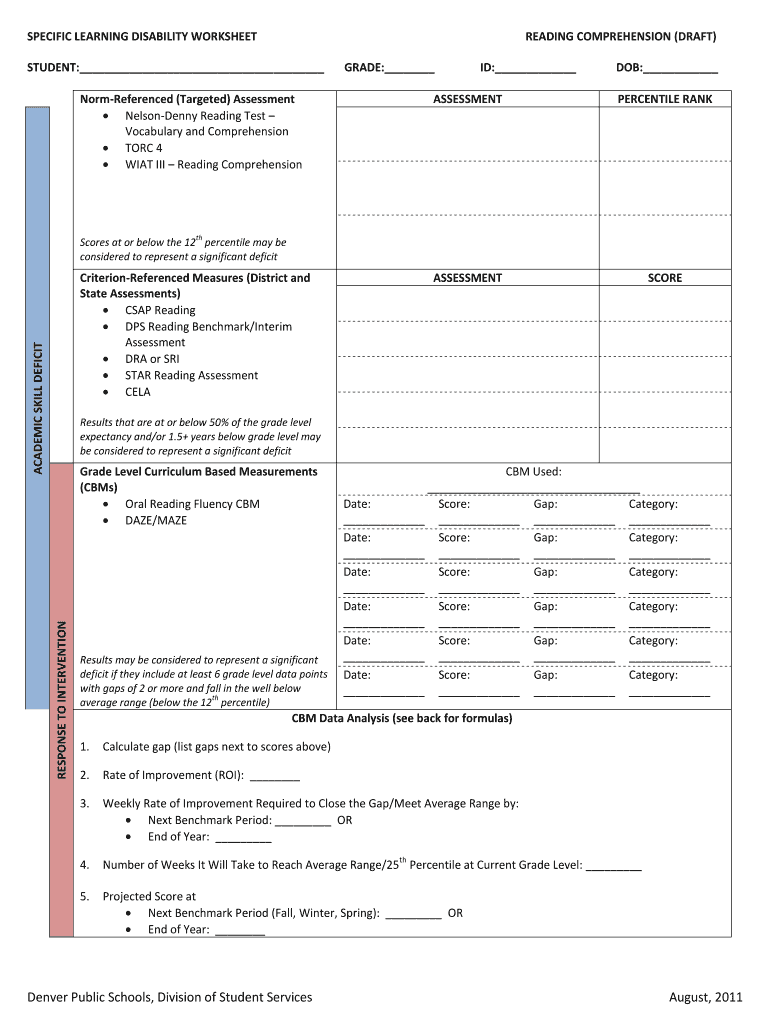 Fillable Online SPECIFIC LEARNING DISABILITY WORKSHEET READING ...
