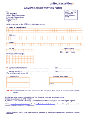 AGM PRE-REGISTRATION FORM - UNITE SECURITY LIMITED