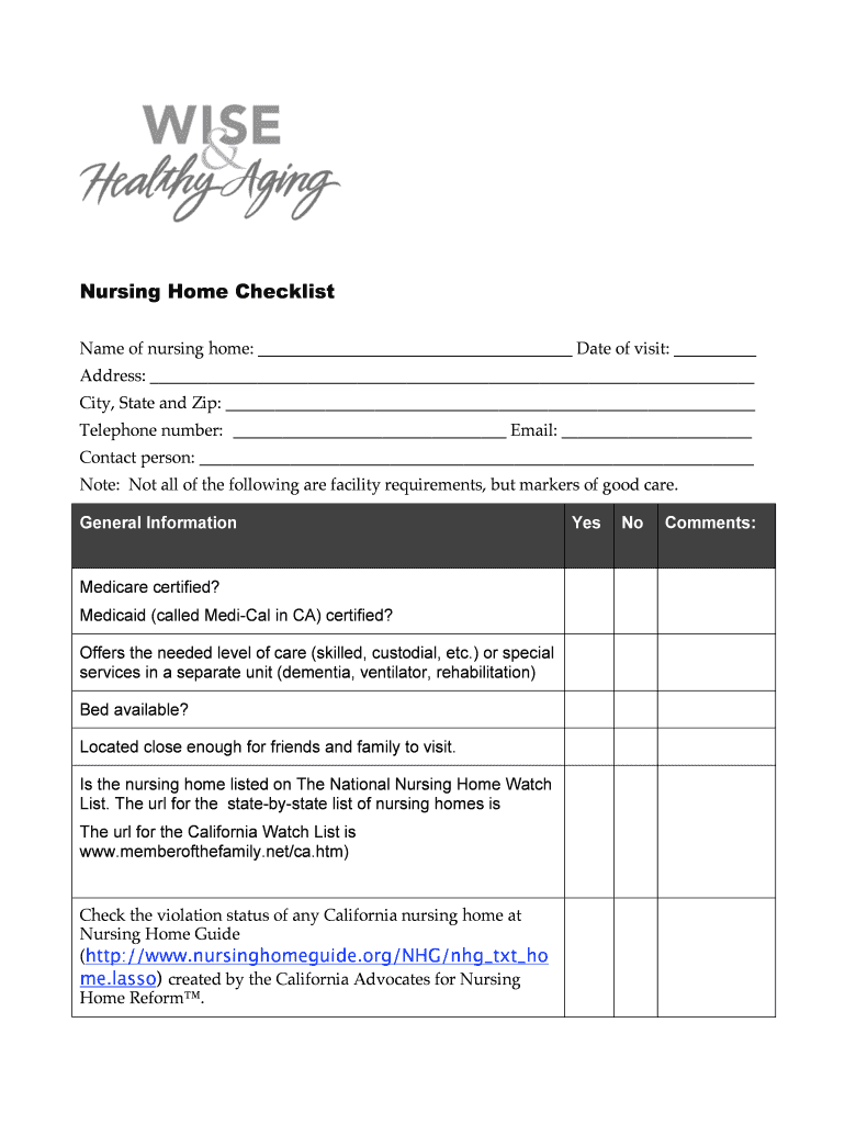 Fillable Online wiseandhealthyaging Nursing Home Checklist.doc