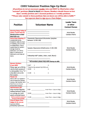 CHEE Volunteer Position Sign-Up Sheet