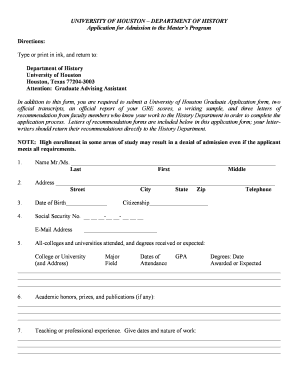 Fillable Online secure class uh UNIVERSITY OF HOUSTON DEPARTMENT OF HISTORY Application ...