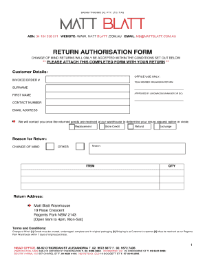 RETURN AUTHORISATION FORM - mattblatt.com.au