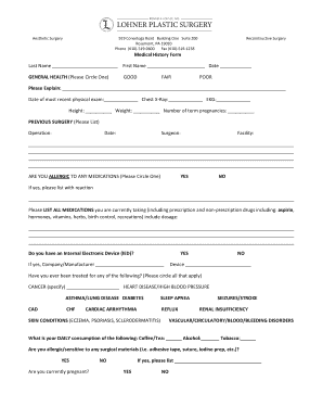 fillable online medical history form general health lohner plastic