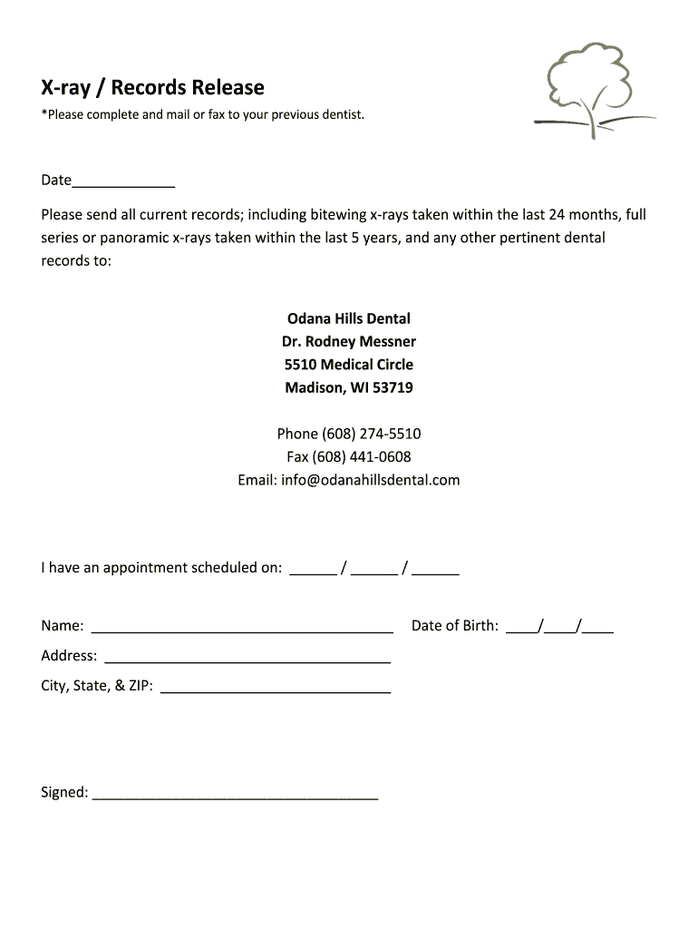 Fillable Online X-ray release form - Odana Hills Dental Fax Email Print ...