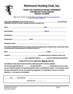 Agreement terms and conditions - YEARLY RV PARKING/STORAGE AGREEMENT 5748 Maxwell Colusa Highway Maxwell, Ca 95955 Office (707) 4511690 Fax (707) 4556364 Email rhchunter gmail - richmondhuntingclub