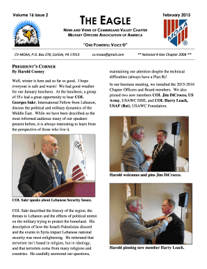 THE EAGLE Volume 16 Issue 2 February 2015 NEWS AND VIEWS OF CUMBERLAND VALLEY CHAPTER MILITARY OFFICERS ASSOCIATION OF AMERICA ONE POWERFUL VOICE CVMOAA, P - pa-coc